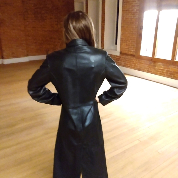 💯 black leather duster ankle length long winter jacket with liner - Picture 2 of 7